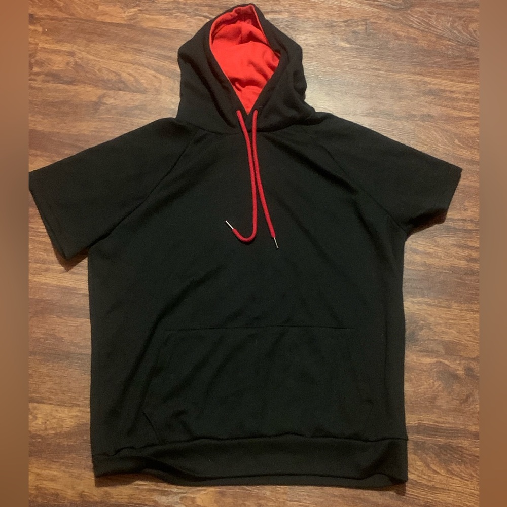 red and black short sleeved hoodie